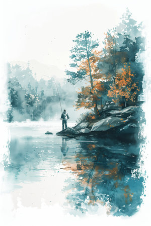 Watercolor painting of a man fishing with a rod at the riverside.の素材