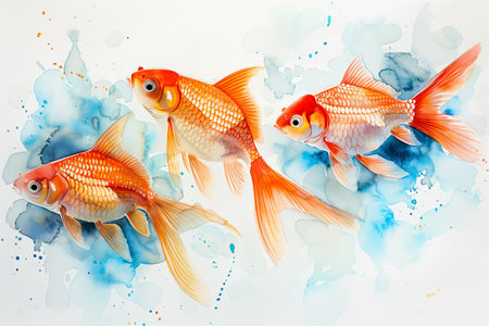 Watercolor painting of a school of goldfish swimming in clear water.の素材