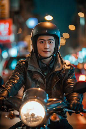 Asian man wearing a helmet drives a motorcycle in the city at night.の素材