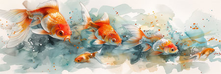 Watercolor painting of a school of goldfish swimming in clear water.の素材