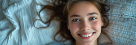 Caucasian woman lying on bed and smiling looking at camera.の素材