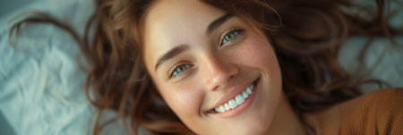 Caucasian woman lying on bed and smiling looking at camera.の素材