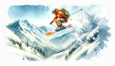 A skier in bright orange gear performs a jump in the snowy mountains, with a backpack. The scene captures the thrill and excitement of the high-altitude adventure against snow-covered peaks and a clear blue sky.の素材
