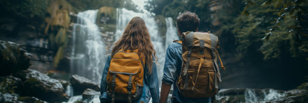 Rear view of young men and women carrying backpacks to waterfall tourism.の素材