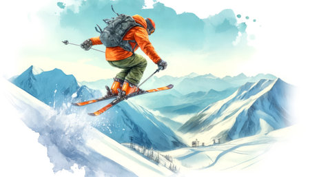 A skier in bright orange gear performs a jump in the snowy mountains, with a backpack. The scene captures the thrill and excitement of the high-altitude adventure against snow-covered peaks and a clear blue sky.の素材