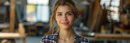 Caucasian woman smiling with confidence in wooden furniture factory.の素材