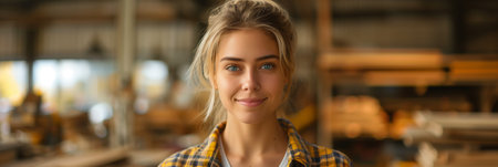 Caucasian woman smiling with confidence in wooden furniture factory.の素材