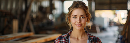 Caucasian woman smiling with confidence in wooden furniture factory.の素材