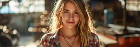 Caucasian woman smiling with confidence in wooden furniture factory.の素材