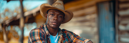 African American man smiling with confidence at outdoor horse farm.の素材