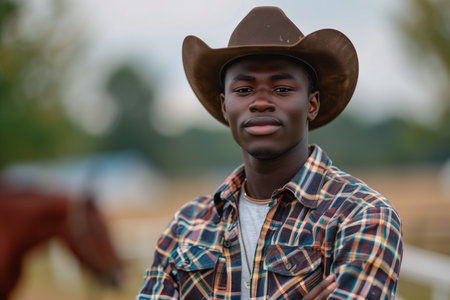 African American man smiling with confidence at outdoor horse farm.の素材