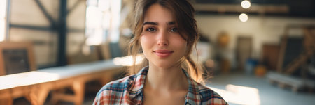 Caucasian woman smiling with confidence in wooden furniture factory.の素材