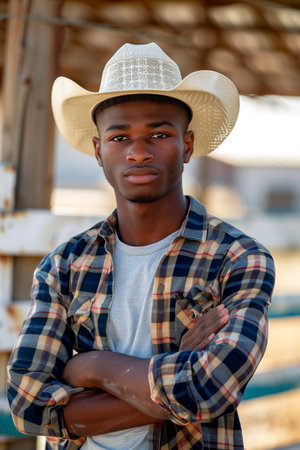 African American man smiling with confidence at outdoor horse farm.の素材