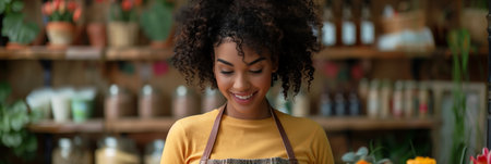 African American female employee looking at phone in cafe.の素材