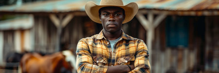 African American man smiling with confidence at outdoor horse farm.の素材