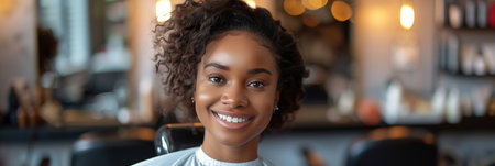 African American female customer smiling confidently in hair salon.の素材