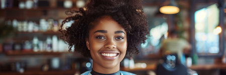 African American female customer smiling confidently in hair salon.の素材