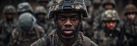 Closeup of African American male soldier in camouflage military uniform performing duties in the forest.の素材