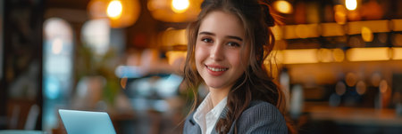 Caucasian businesswoman using laptop in coffee shop.の素材