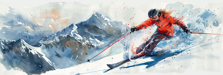 Watercolor painting of an athlete skiing down a snowy mountain.の素材
