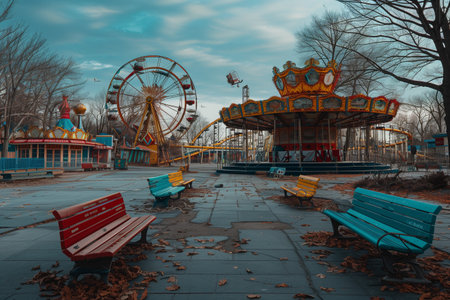 Daytime view of amusement park rides.の素材