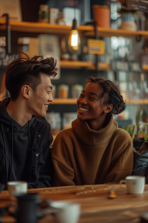 Young couple talking happily in a coffee shop.の素材