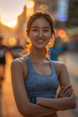 Asian female athlete smiling with confidence at a city marathon event.の素材