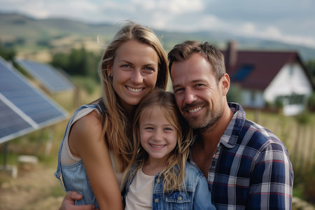 A Caucasian family hugs in front of a house powered by solar panels.の素材