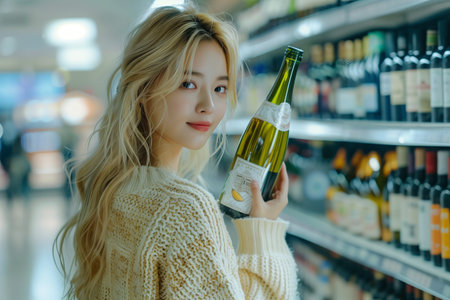 Asian female customer holding wine bottle in hand at supermarket store.の素材