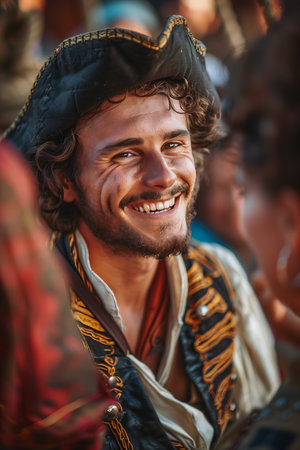 Caucasian man in pirate costume smiling and laughing in pirate ship.の素材