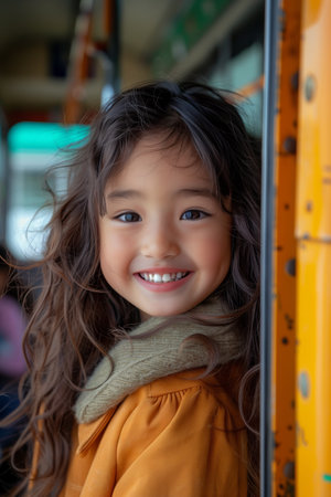 Asian girl travels to school on a school bus.の素材