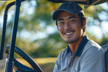 Asian man driving golf cart on golf course.の素材