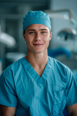 Caucasian dentist smiling confidently in operating room.の素材