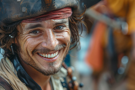 Caucasian man in pirate costume smiling and laughing in pirate ship.の素材
