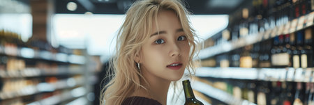 Asian female customer holding wine bottle in hand at supermarket store.の素材
