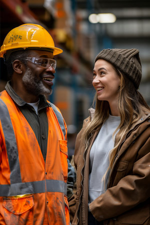 A couple of employees are talking in the warehouse.の素材