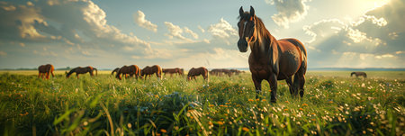 Horse standing in a wide meadow.の素材