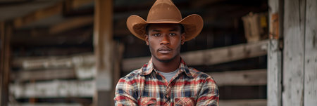 African American man smiling with confidence at outdoor horse farm.の素材