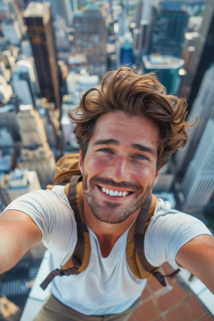 Backpacker Caucasian man with outstretched arms standing on the roof of a city building.の素材