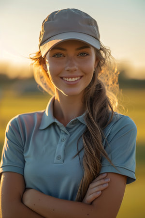 Caucasian woman looking at camera with confidence at golf course.の素材