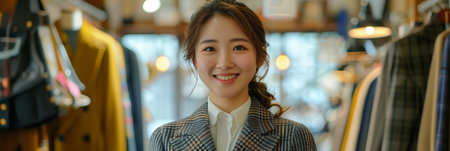 Asian female tailor smiling with confidence in fashion tailor shop.の素材