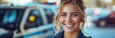 A Caucasian female police officer in uniform is smiling on a city street.の素材