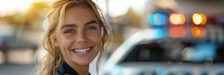 A Caucasian female police officer in uniform is smiling on a city street.の素材
