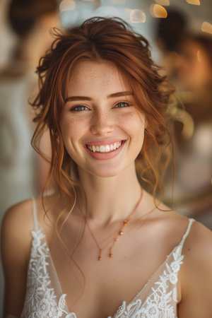 Caucasian woman in wedding dress smiling with confidence in wedding dress shop.の素材