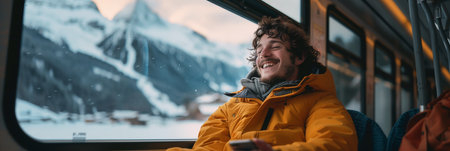 A Caucasian man uses a mobile phone by the window of a train with a mountain view.の素材