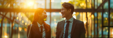 Asian woman and man talking in office.の素材