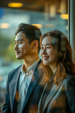 Asian woman and man talking in office.の素材