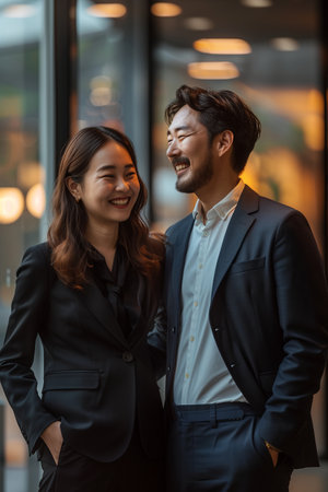 Asian woman and man talking in office.の素材