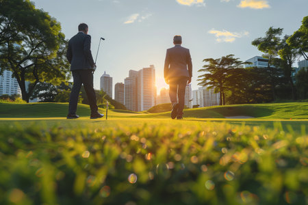 Businessman in a suit Playing golf in the city.の素材