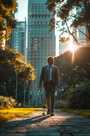 Businessman in a suit Playing golf in the city.の素材